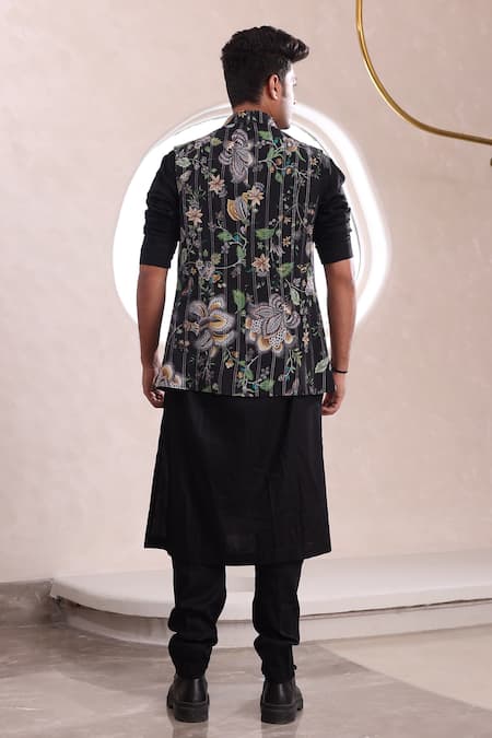 Mahima Mahajan Black Fleur Blossom Print Nehru Jacket Set 