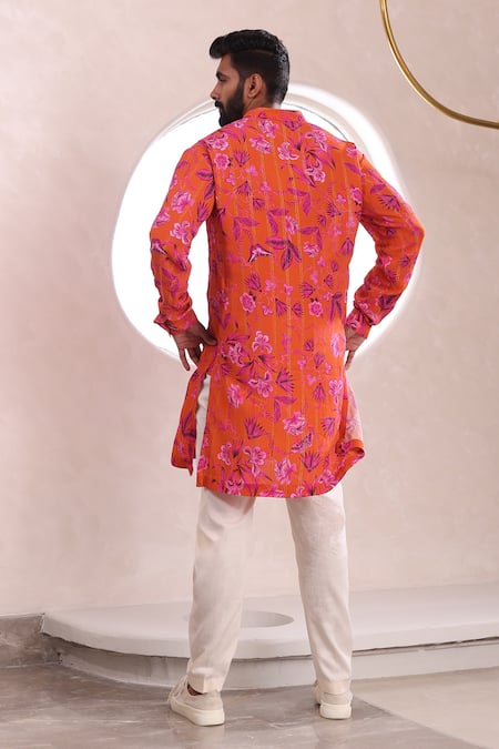 Shop_Mahima Mahajan_Orange Cotton Embroidery Shiv Peony Bloom Print Kurta With Pant _at_Aza_Fashions