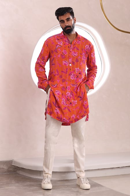 Buy_Mahima Mahajan_Orange Cotton Embroidery Shiv Peony Bloom Print Kurta With Pant _Online_at_Aza_Fashions