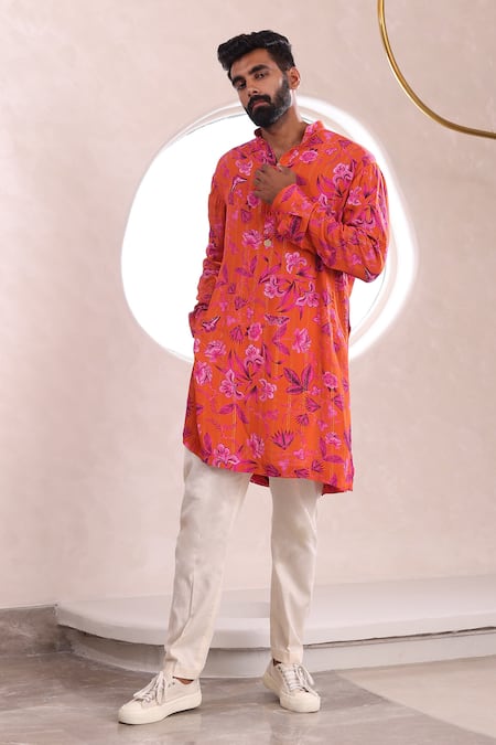 Shop_Mahima Mahajan_Orange Cotton Embroidery Shiv Peony Bloom Print Kurta With Pant _Online_at_Aza_Fashions