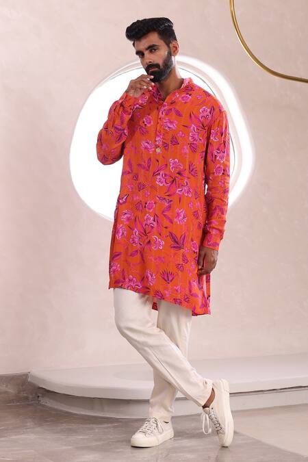 Mahima Mahajan_Orange Cotton Embroidery Shiv Peony Bloom Print Kurta With Pant _at_Aza_Fashions