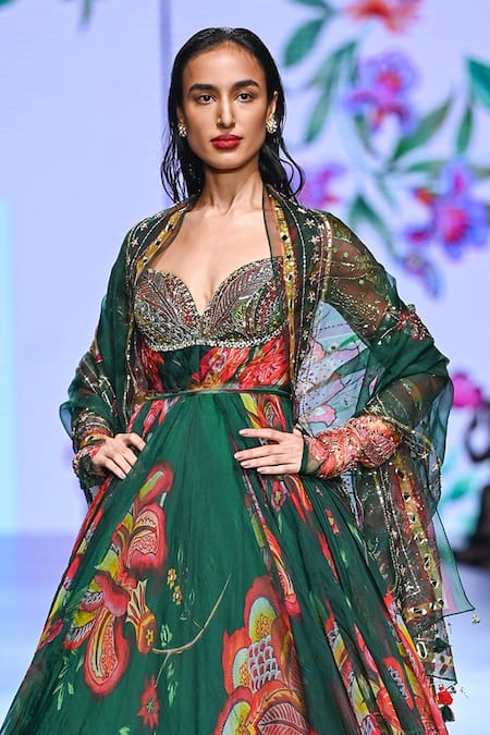 Mahima Mahajan_Green Organza Embroidery, Sequins Kavya Floral Pattern Anarkali With Dupatta _Online_at_Aza_Fashions