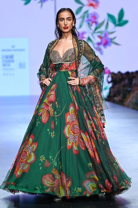 Buy_Mahima Mahajan_Green Organza Embroidery, Sequins Kavya Floral Pattern Anarkali With Dupatta _Online_at_Aza_Fashions