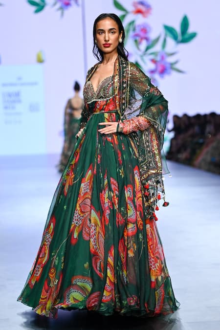 Shop_Mahima Mahajan_Green Organza Embroidery, Sequins Kavya Floral Pattern Anarkali With Dupatta _Online_at_Aza_Fashions