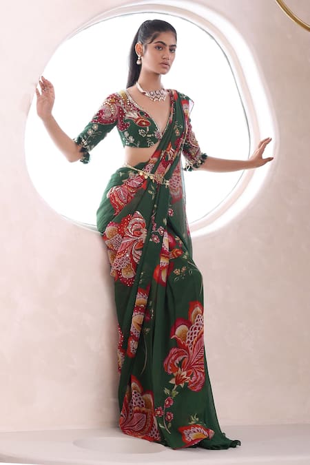 Mahima Mahajan_Green Georgette Embroidery, Navya Floral Pattern Pre-draped Saree With Blouse _Online_at_Aza_Fashions
