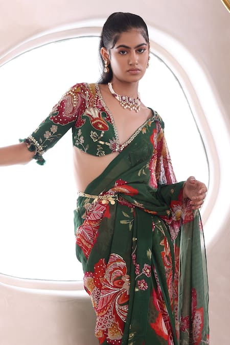 Shop_Mahima Mahajan_Green Georgette Embroidery, Navya Floral Pattern Pre-draped Saree With Blouse _Online_at_Aza_Fashions