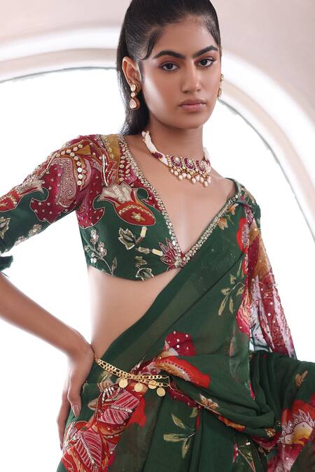 Mahima Mahajan_Green Georgette Embroidery, Navya Floral Pattern Pre-draped Saree With Blouse _at_Aza_Fashions