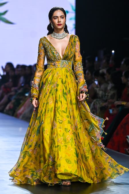 Mahima Mahajan_Yellow Organza Sequins, Embroidery Ava Blossom Pattern Anarkali With Dupatta _Online_at_Aza_Fashions
