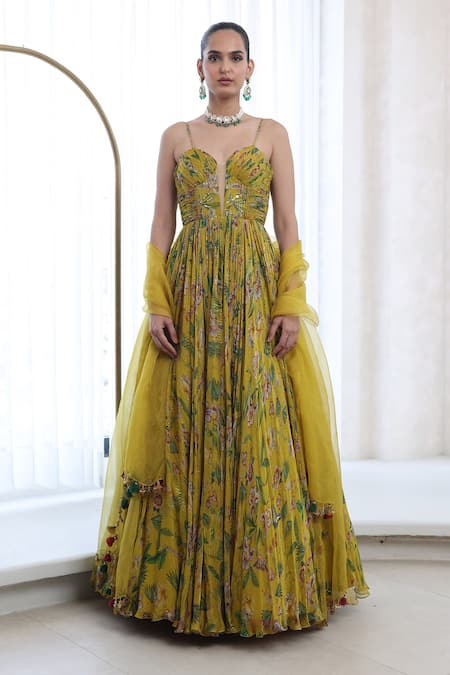 Mahima Mahajan Yellow Lurex Chiffon Embellished Anya Blossom Pattern Anarkali With Dupatta 