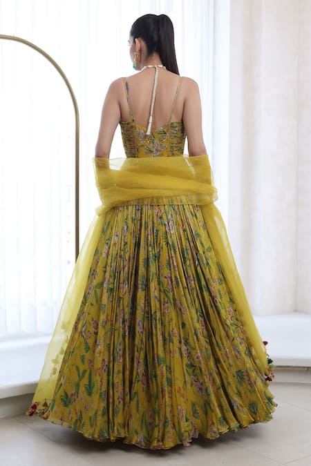 Shop_Mahima Mahajan_Yellow Organza, Lurex, Chiffon Anya Floral Blossom Pattern Anarkali With Dupatta _at_Aza_Fashions