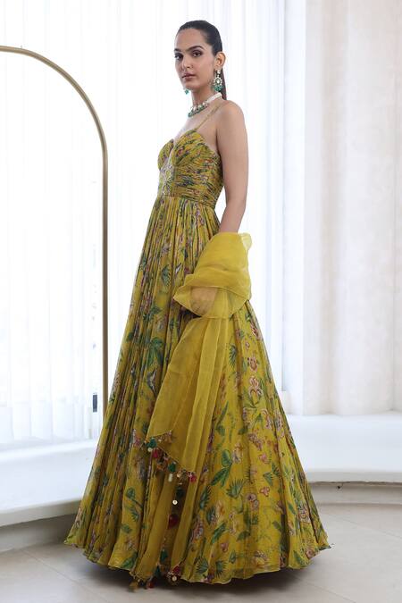Mahima Mahajan_Yellow Organza, Lurex, Chiffon Anya Floral Blossom Pattern Anarkali With Dupatta _Online_at_Aza_Fashions