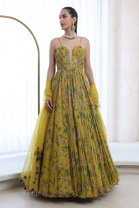 Buy_Mahima Mahajan_Yellow Organza, Lurex, Chiffon Anya Floral Blossom Pattern Anarkali With Dupatta _Online_at_Aza_Fashions