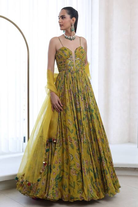 Shop_Mahima Mahajan_Yellow Organza, Lurex, Chiffon Anya Floral Blossom Pattern Anarkali With Dupatta _Online_at_Aza_Fashions