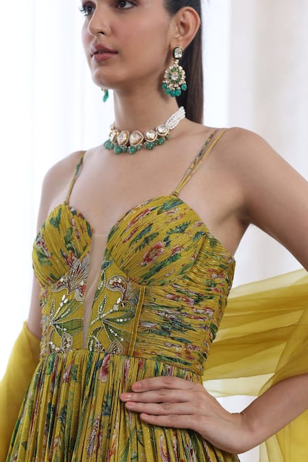 Mahima Mahajan_Yellow Organza, Lurex, Chiffon Anya Floral Blossom Pattern Anarkali With Dupatta _at_Aza_Fashions