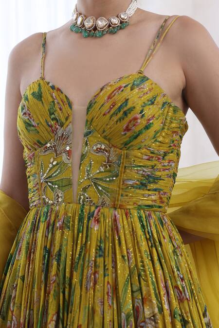 Buy_Mahima Mahajan_Yellow Organza, Lurex, Chiffon Anya Floral Blossom Pattern Anarkali With Dupatta 