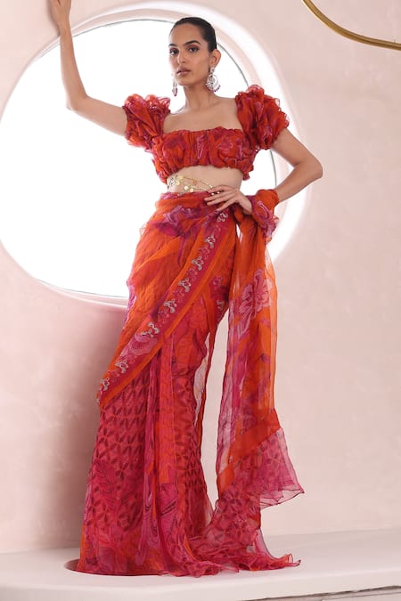 Mahima Mahajan_Orange Organza, Cotton Raha Floral Jaal Pattern Pre-draped Saree With Blouse _Online_at_Aza_Fashions