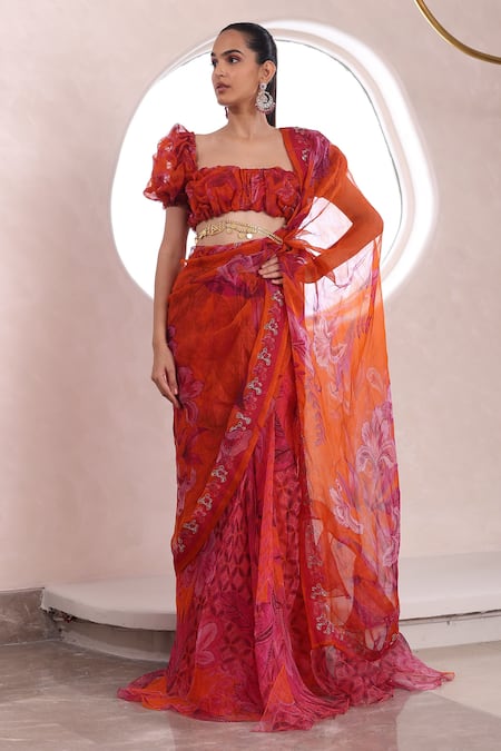 Buy_Mahima Mahajan_Orange Organza, Cotton Raha Floral Jaal Pattern Pre-draped Saree With Blouse _Online_at_Aza_Fashions