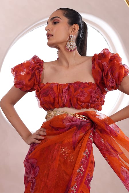 Mahima Mahajan_Orange Organza, Cotton Raha Floral Jaal Pattern Pre-draped Saree With Blouse _at_Aza_Fashions