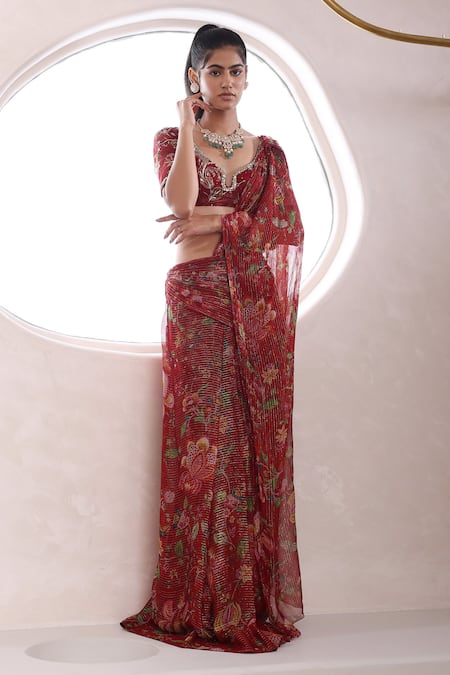 Buy_Mahima Mahajan_Red Organza, Lurex Ayesha Blossom Jaal Pattern Pre-draped Saree With Blouse _Online_at_Aza_Fashions