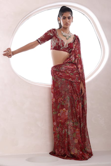 Shop_Mahima Mahajan_Red Organza, Lurex Ayesha Blossom Jaal Pattern Pre-draped Saree With Blouse _Online_at_Aza_Fashions