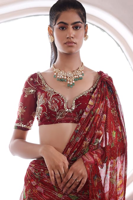 Mahima Mahajan_Red Organza, Lurex Ayesha Blossom Jaal Pattern Pre-draped Saree With Blouse _at_Aza_Fashions