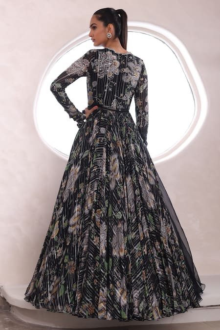 Shop Mahima Mahajan Black Organza, Lurex, Georgette Amora Botanic Pattern Anarkali With Dupatta at Aza Fashions Shop_Mahima Mahajan_Black Organza, Lurex, Georgette Amora Botanic Pattern Anarkali With Dupatta _at_Aza_Fashions