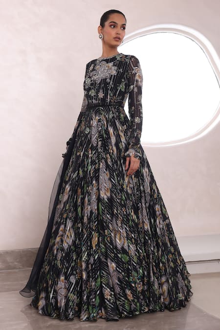 Shop Mahima Mahajan Black Organza, Lurex, Georgette Amora Botanic Pattern Anarkali With Dupatta Online at Aza Fashions Shop_Mahima Mahajan_Black Organza, Lurex, Georgette Amora Botanic Pattern Anarkali With Dupatta _Online_at_Aza_Fashions