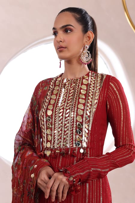 Mahima Mahajan_Red Organza, Lurex Embroidery, Dhwani Mirrorwork Bodice Kurta Churidar Set _Online_at_Aza_Fashions