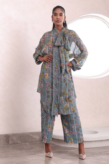 Mahima Mahajan_Grey Lurex Fringe Ekaya Floral Print Long Top With Pant _Online_at_Aza_Fashions