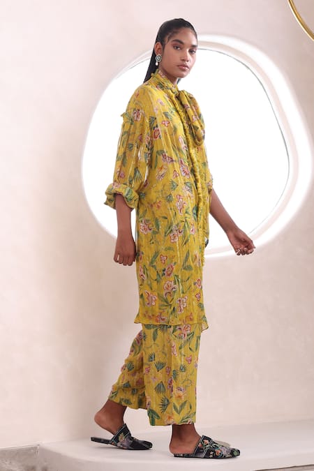 Buy_Mahima Mahajan_Yellow Georgette, Lurex Fringe Open Neck Tara Blossom Print Long Top With Pant _Online_at_Aza_Fashions