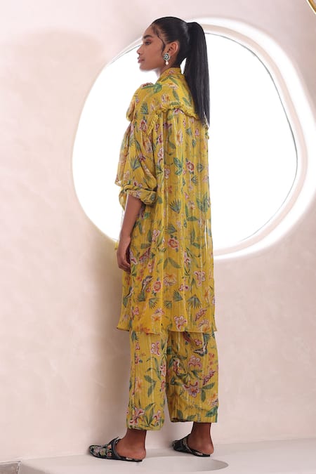 Shop_Mahima Mahajan_Yellow Georgette, Lurex Fringe Open Neck Tara Blossom Print Long Top With Pant _Online_at_Aza_Fashions