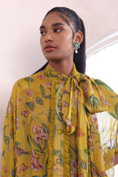 Mahima Mahajan_Yellow Georgette, Lurex Fringe Open Neck Tara Blossom Print Long Top With Pant _at_Aza_Fashions