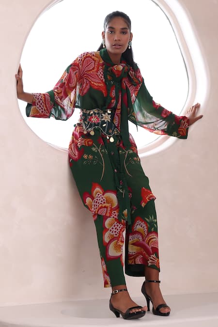 Mahima Mahajan Green Lurex, Georgette, Modal Embroidery, Kanak Floral Print Long Top Pant Set Online at Aza Fashions Mahima Mahajan_Green Lurex, Georgette, Modal Embroidery, Kanak Floral Print Long Top Pant Set _Online_at_Aza_Fashions