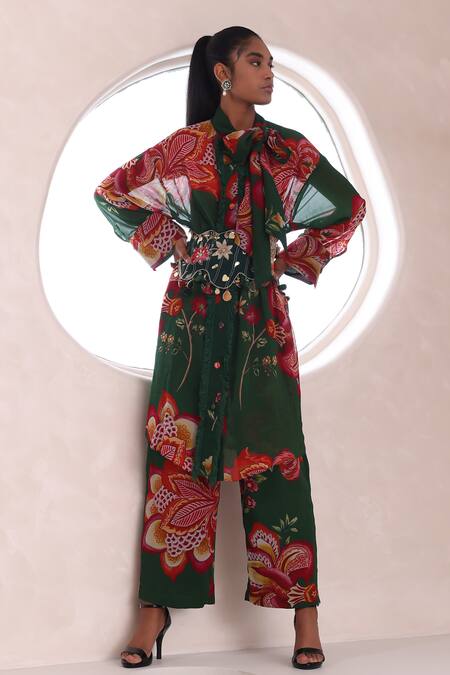 Buy Mahima Mahajan Green Lurex, Georgette, Modal Embroidery, Kanak Floral Print Long Top Pant Set Online at Aza Fashions Buy_Mahima Mahajan_Green Lurex, Georgette, Modal Embroidery, Kanak Floral Print Long Top Pant Set _Online_at_Aza_Fashions