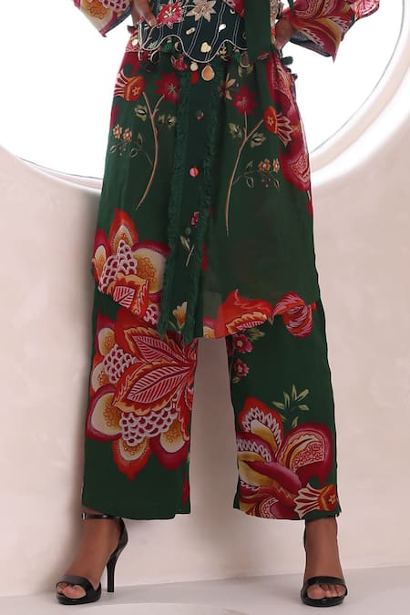 Shop Mahima Mahajan Green Lurex, Georgette, Modal Embroidery, Kanak Floral Print Long Top Pant Set Online at Aza Fashions Shop_Mahima Mahajan_Green Lurex, Georgette, Modal Embroidery, Kanak Floral Print Long Top Pant Set _Online_at_Aza_Fashions