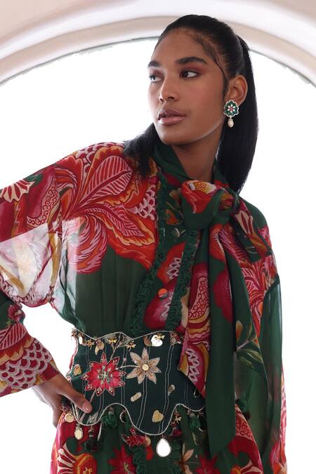 Mahima Mahajan Green Lurex, Georgette, Modal Embroidery, Kanak Floral Print Long Top Pant Set at Aza Fashions Mahima Mahajan_Green Lurex, Georgette, Modal Embroidery, Kanak Floral Print Long Top Pant Set _at_Aza_Fashions