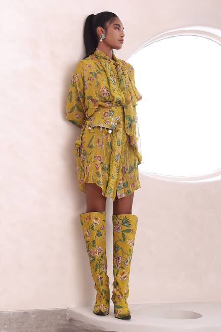 Buy_Mahima Mahajan_Yellow Lurex, Georgette Button-down Neck Saachi Blossom Pattern Long Shirt _Online_at_Aza_Fashions