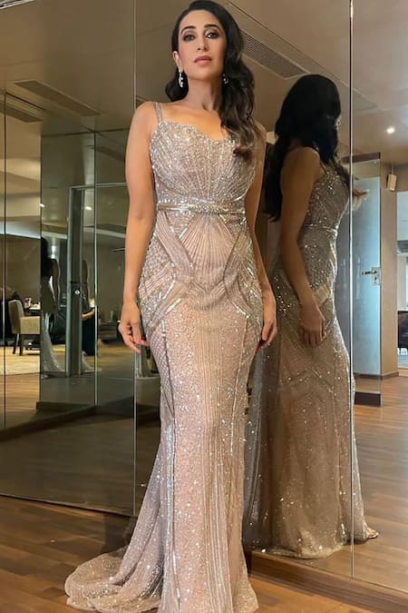 Bhawna Rao_Pink Silk, Tulle Sequins, Smocking Swarovski Hand Embroidered Gown With Skirt _Online_at_Aza_Fashions