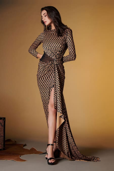 S&N by Shantnu Nikhil Geometric Print Draped Gown 