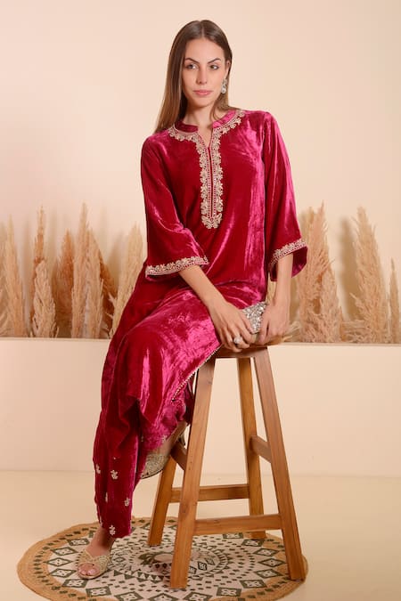 Shop_Surabhi Arya_Red Velvet Embroidery Mandarin Collar Carnation Bloom Kurta With Pant _Online_at_Aza_Fashions