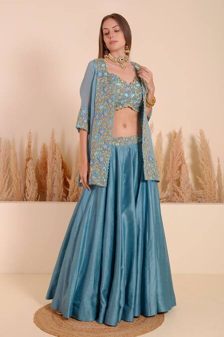 Buy_Surabhi Arya_Blue Bamboo Sequins, Beads Sweetheart Iris Bloom Embroidered Jacket Lehenga Set _Online_at_Aza_Fashions