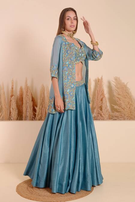 Shop_Surabhi Arya_Blue Bamboo Sequins, Beads Sweetheart Iris Bloom Embroidered Jacket Lehenga Set _Online_at_Aza_Fashions