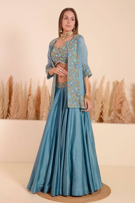 Surabhi Arya_Blue Bamboo Sequins, Beads Sweetheart Iris Bloom Embroidered Jacket Lehenga Set _at_Aza_Fashions