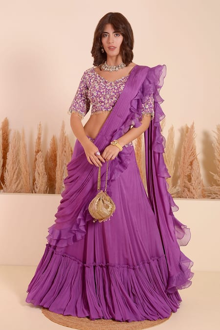 Surabhi Arya Purple Lehenga Saree Crepe Orchid Bloom Embroidery Ruffled Pallu With Blouse 