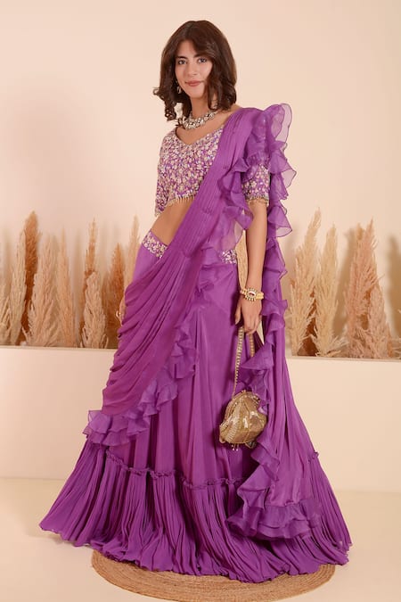 Buy_Surabhi Arya_Purple Bamboo, Silk Sequins, Beads Round Ruffled Pallu Lehenga Saree With Blouse _Online_at_Aza_Fashions