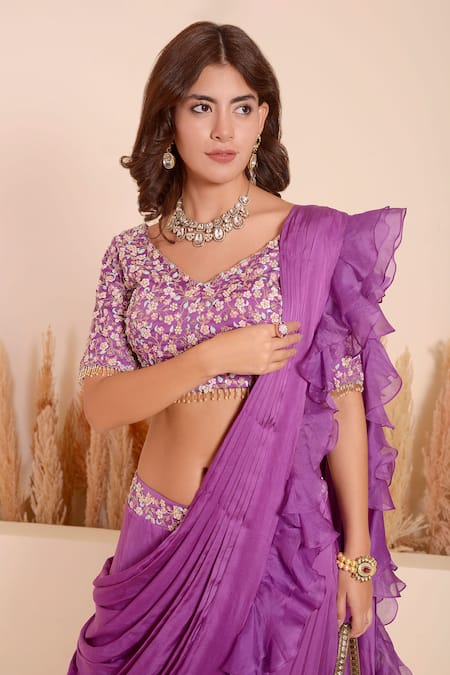 Shop_Surabhi Arya_Purple Bamboo, Silk Sequins, Beads Round Ruffled Pallu Lehenga Saree With Blouse _Online_at_Aza_Fashions