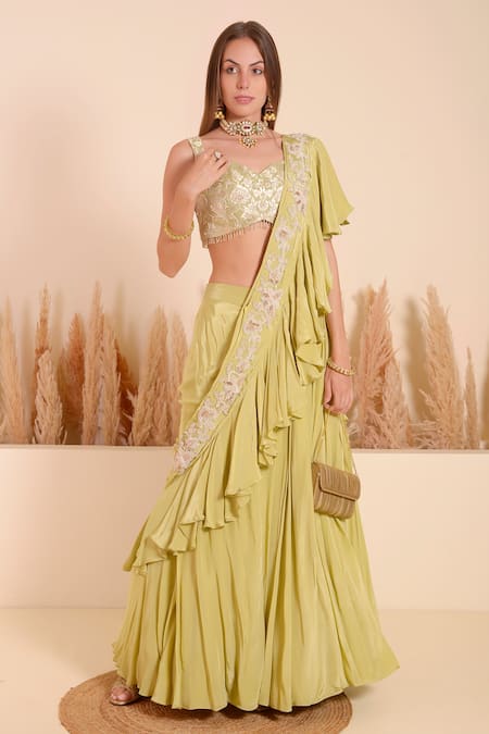 Surabhi Arya Moti Blossom Work Ruffled Pallu Lehenga Saree With Blouse 