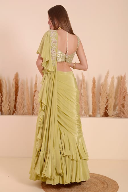 Surabhi Arya Moti Blossom Work Ruffled Pallu Lehenga Saree With Blouse 