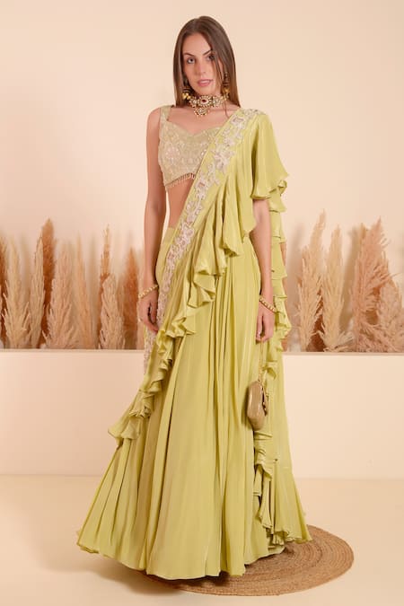 Buy_Surabhi Arya_Green Brocade Metallic Moti Blossom Work Ruffled Pallu Lehenga Saree With Blouse _Online_at_Aza_Fashions
