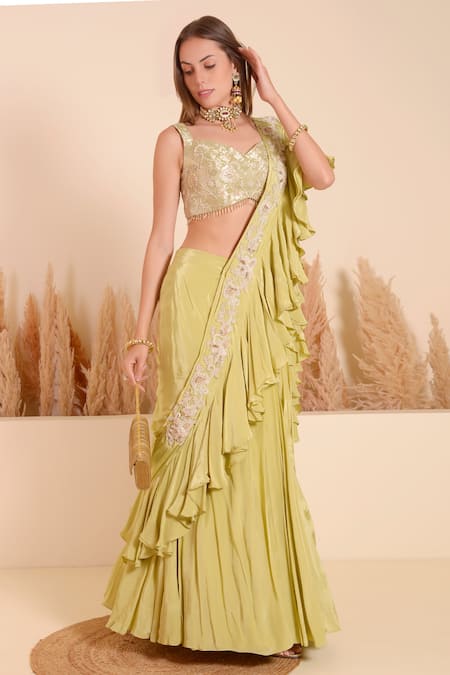 Shop_Surabhi Arya_Green Brocade Metallic Moti Blossom Work Ruffled Pallu Lehenga Saree With Blouse _Online_at_Aza_Fashions
